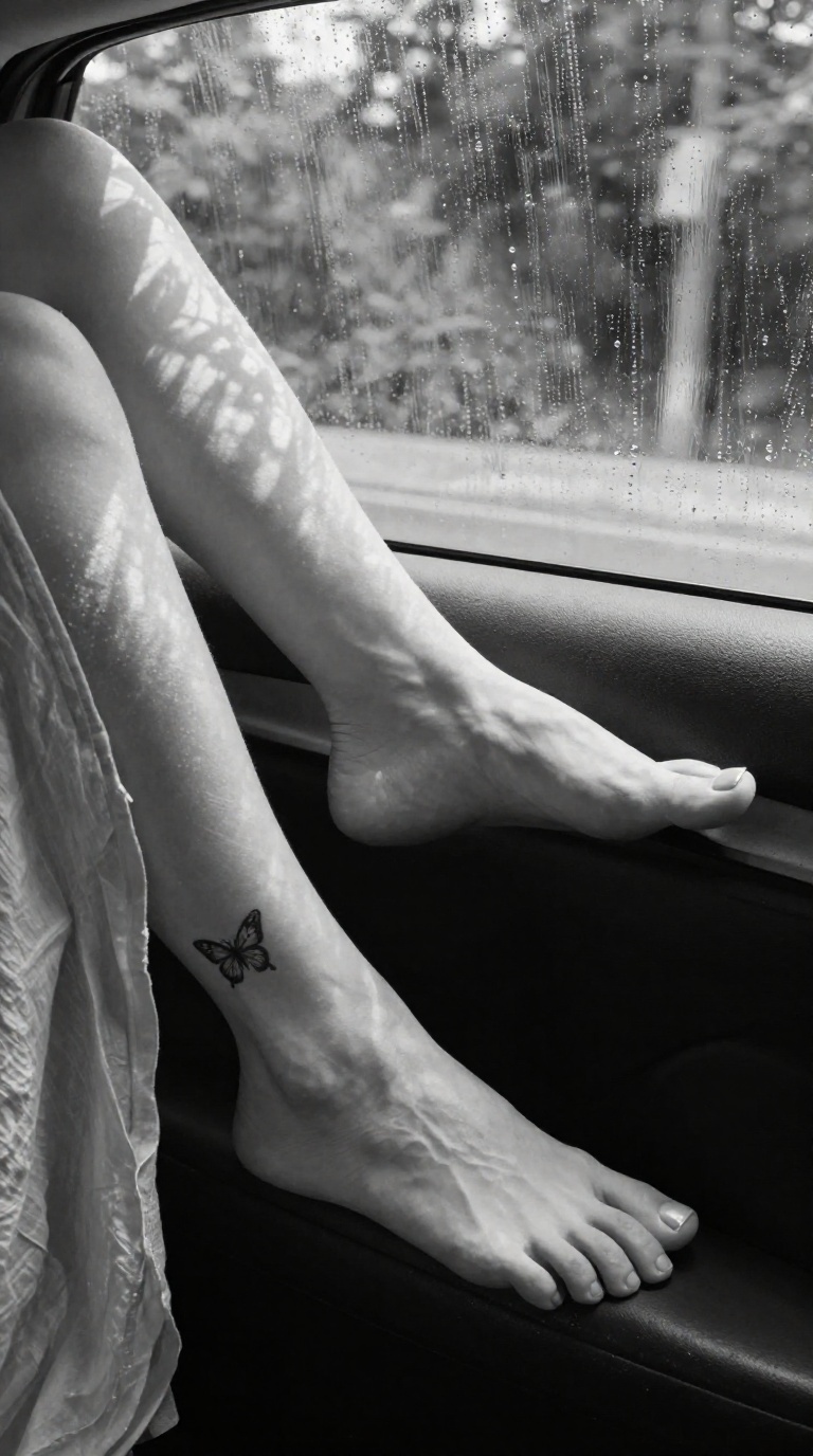 Close-up of a woman's bare foot with a butterfly ankle tattoo resting on a car door armrest, soft window condensation in monochrome.