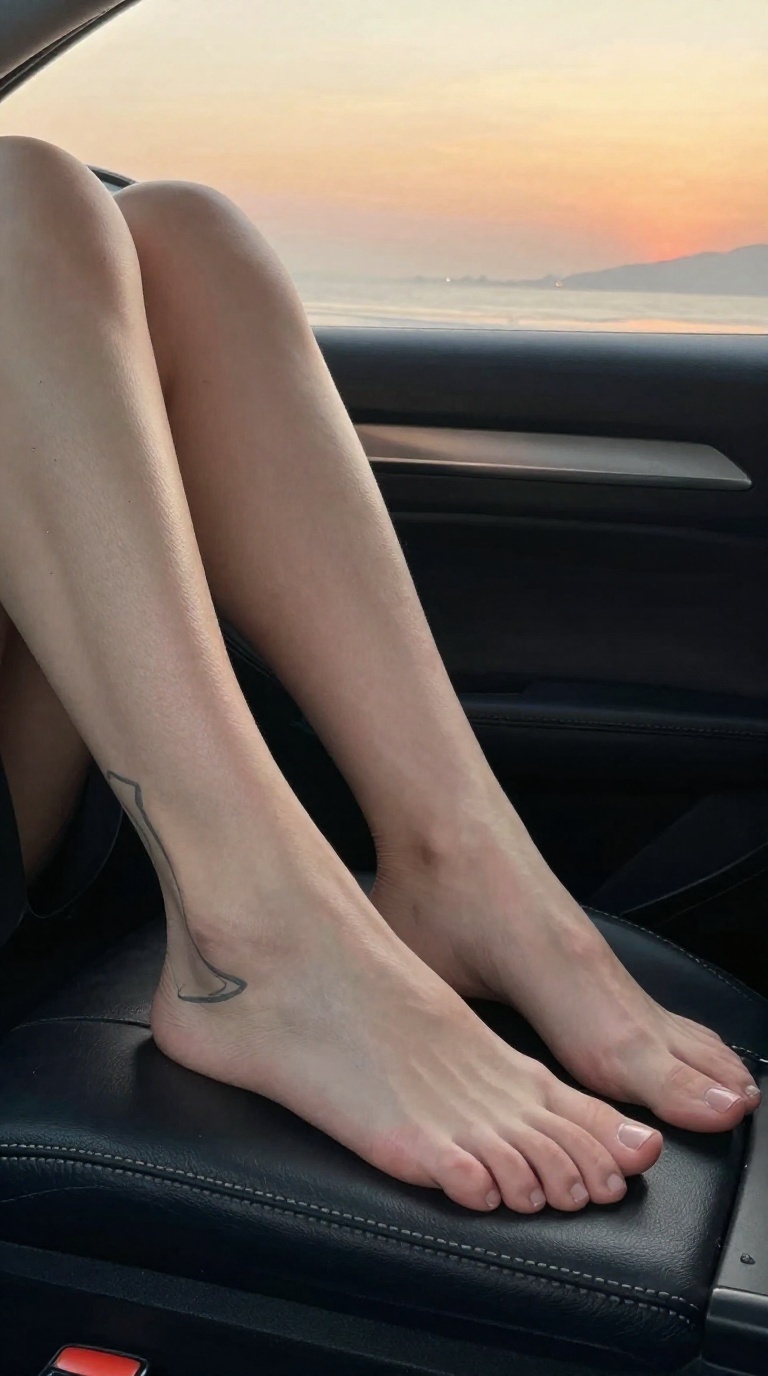 Bare feet resting on a car center console armrest, warm sunset light flooding the cabin, one foot with a geometric linework tattoo along the outer edge, toes and arches fully visible.
