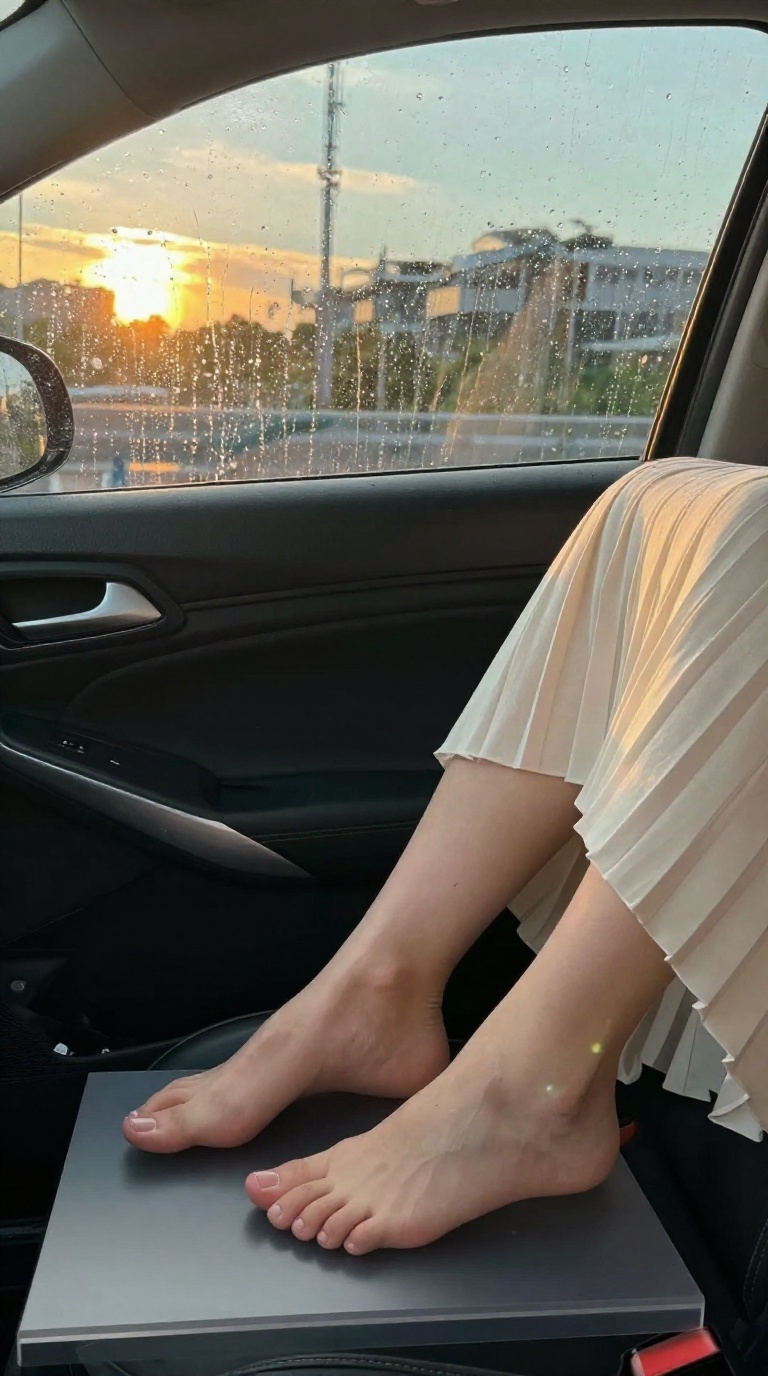 Bare feet with fully visible toes and unobstructed arches stretching on a matte acrylic surface inside a car cabin, warm sunset light, teal and amber tones, pleated ivory skirt hem.