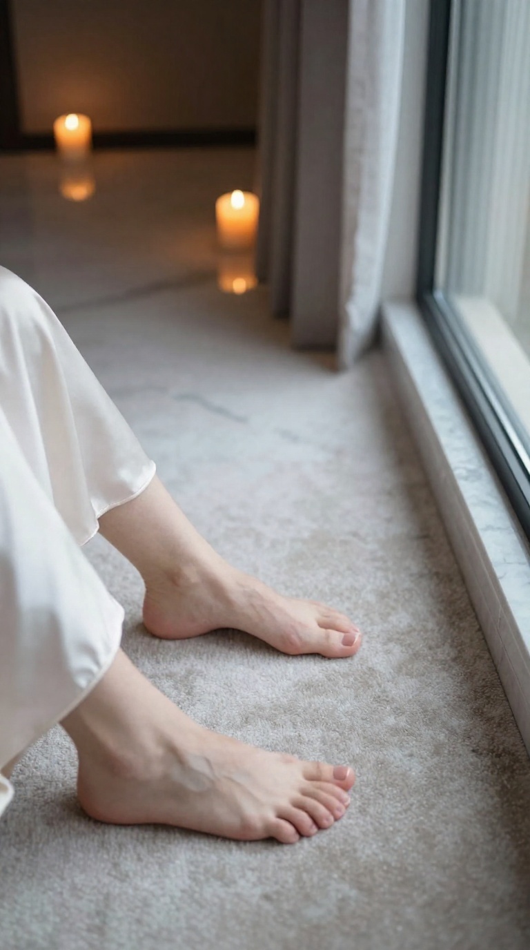 Bare feet with fully visible toes and unobstructed arches pressing into satin sheets on a bed in a minimalist luxury hotel room.