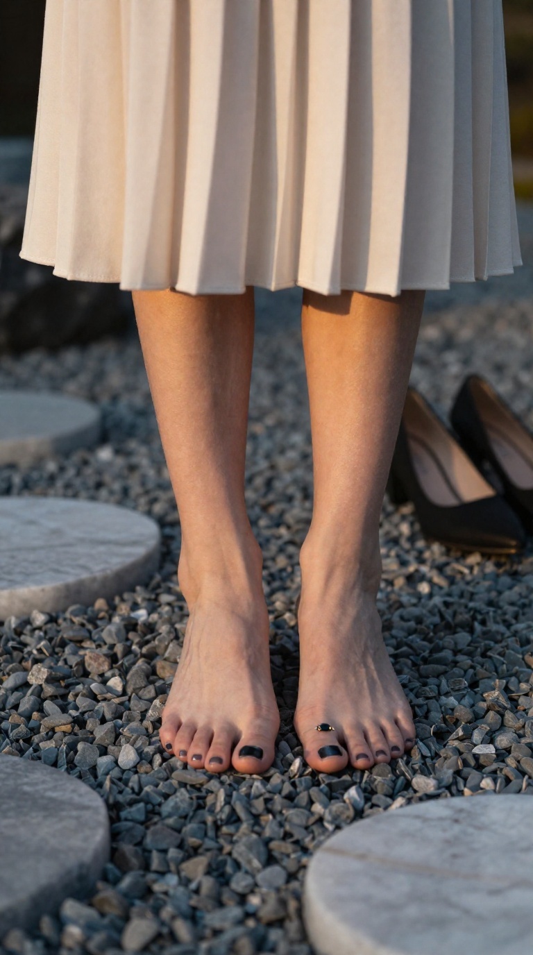 Bare feet with a black gemstone toe ring resting on zen gravel, pleated ivory midi skirt hem nearby, golden hour light and polished marble.