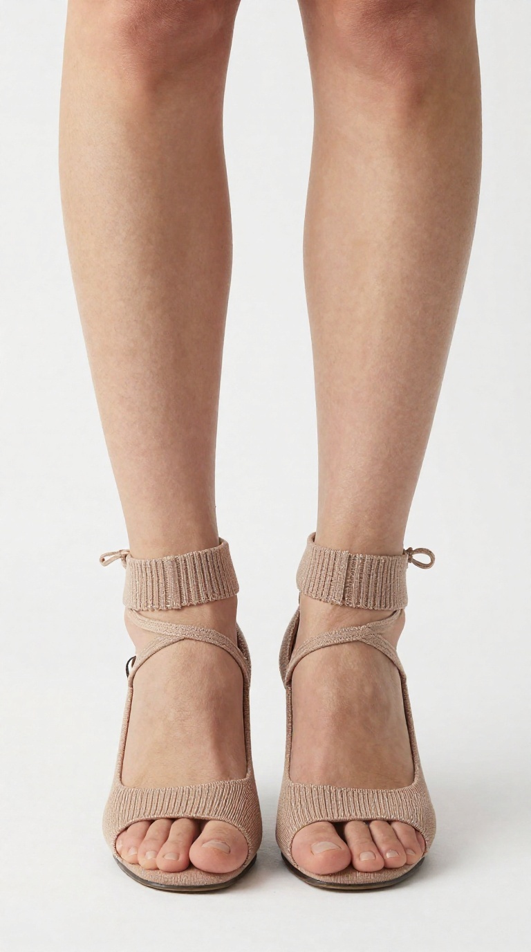 Low-angle view of a woman's feet in lace-up heels with ribbed knit uppers, one foot brushing the opposite ankle, set against a white studio backdrop.