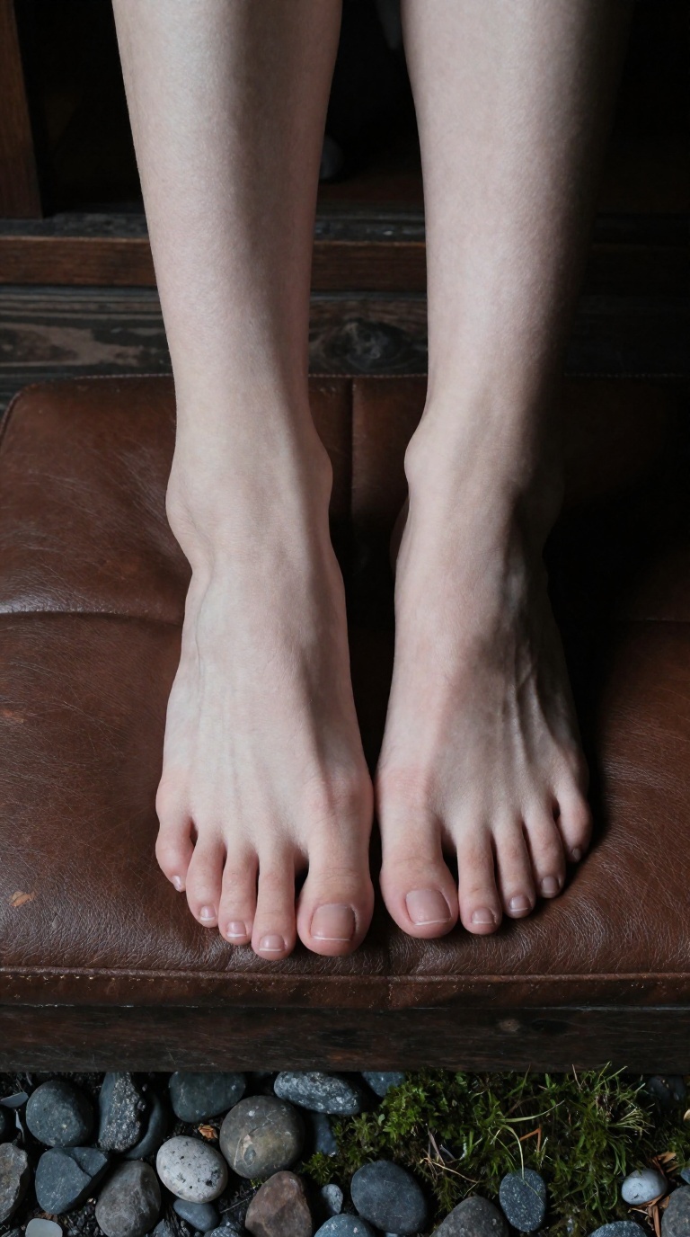 Close-up of a woman's feet on a wooden engawa beside moss stones, toes spread gracefully in soft socks, moody side lighting highlighting the arch and toes.