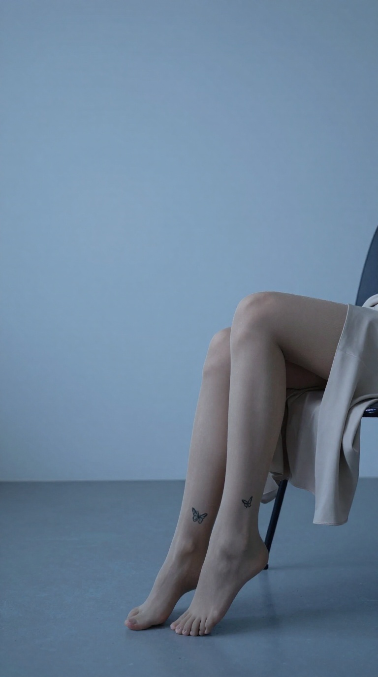 Wide shot of a woman's pantyhose-clad feet with wrinkled soles and a butterfly ankle tattoo, ankles tucked beneath a long skirt in a minimalist loft under blue-hour light.