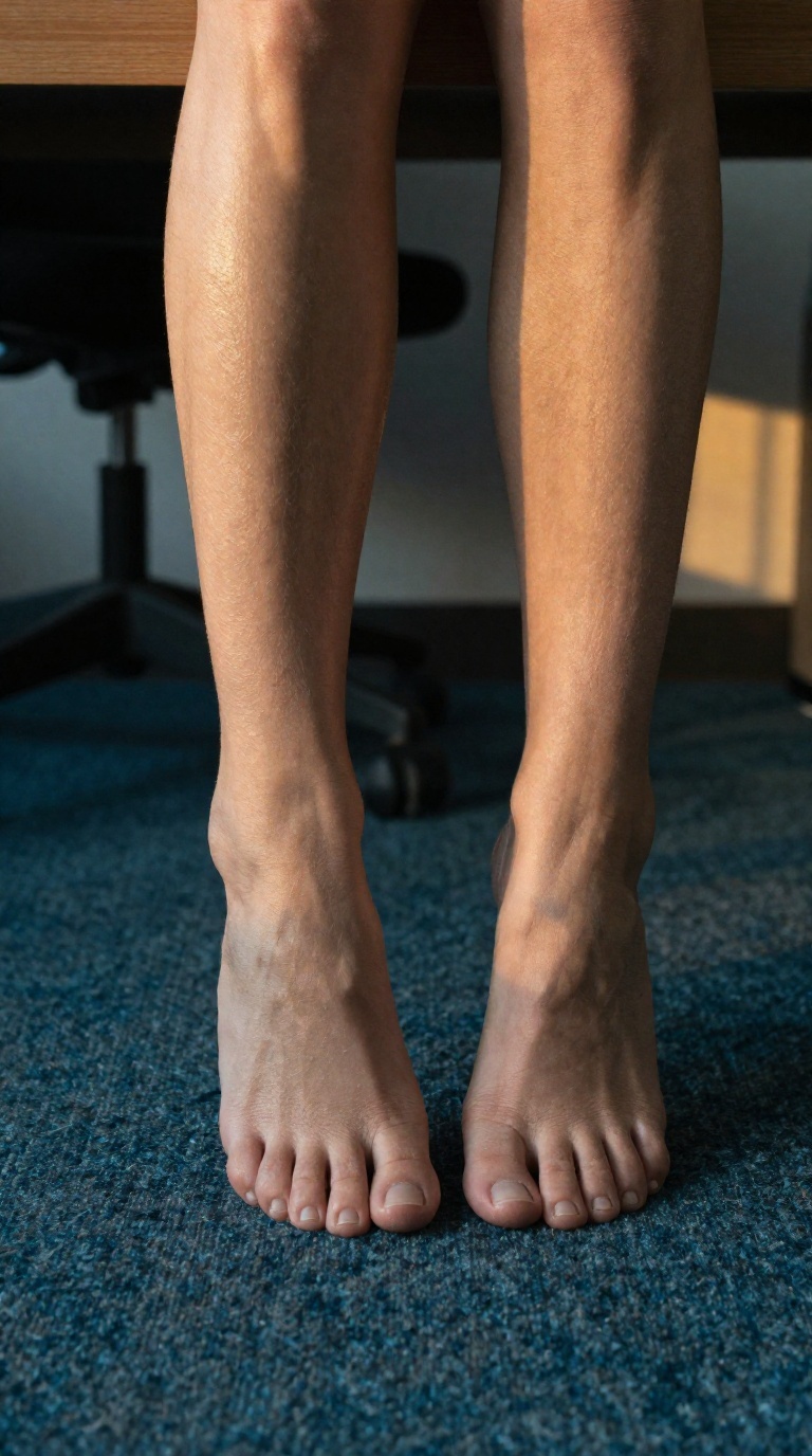 Close-up of a woman's bare feet on tiptoes on a carpeted office floor under a desk, with golden hour light and window reflection, highlighting arches and toes.