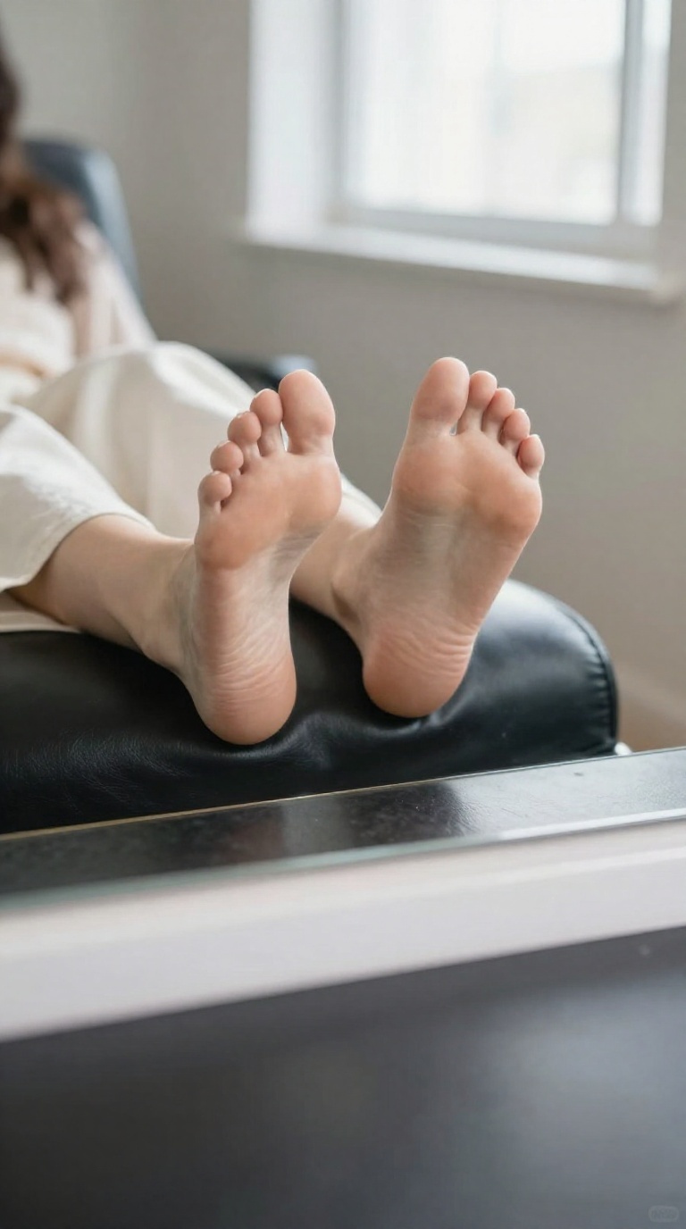 Mirror reflection of a woman's bare feet with unobstructed arches and toes, resting on a sun-warmed dashboard, cream fabric contrasting black leather, soft overcast light.