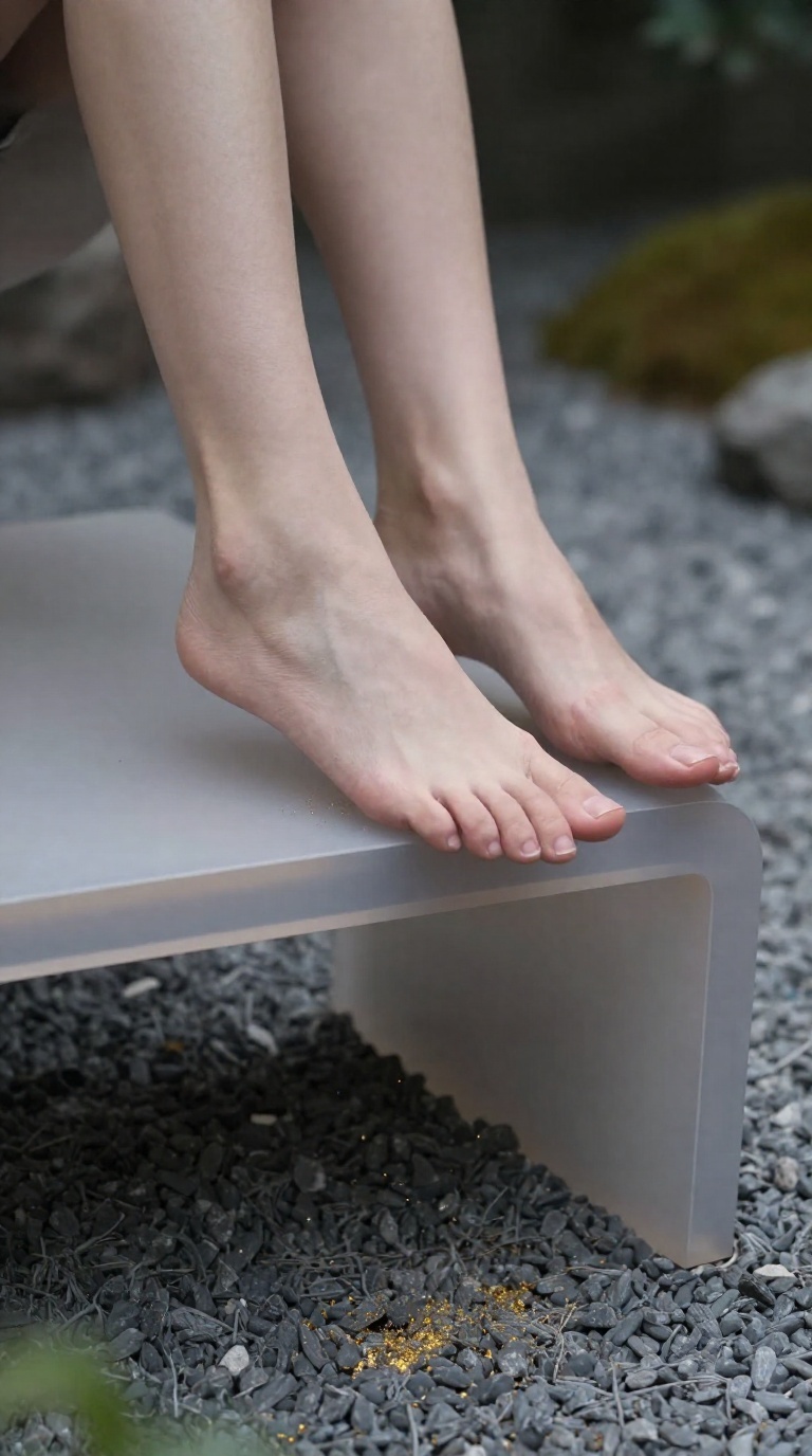 Cropped frame from lap to bare feet, one sole brushing a matte acrylic bench in a zen gravel courtyard with golden dust motes and low-key ambient light.
