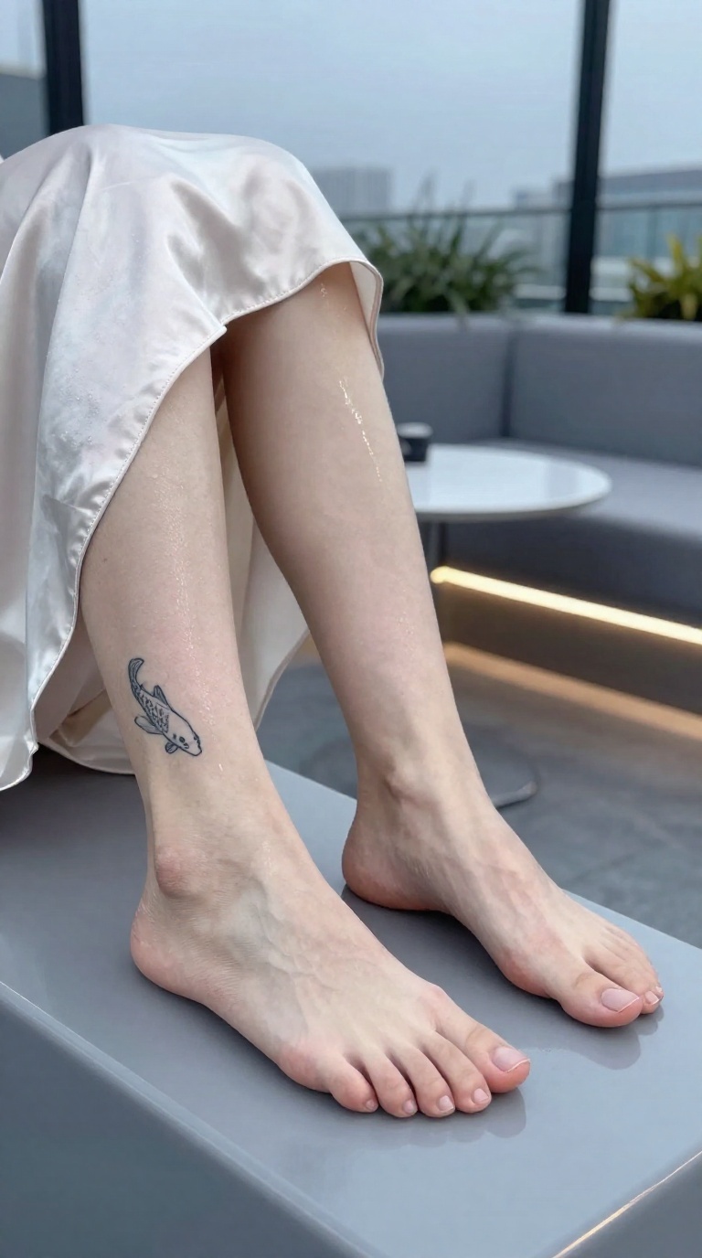 Cropped editorial view from mid-calf down of bare feet resting on a matte acrylic console armrest, overcast daylight through car glass, koi ankle tattoo, satin slip dress pooling over thighs.