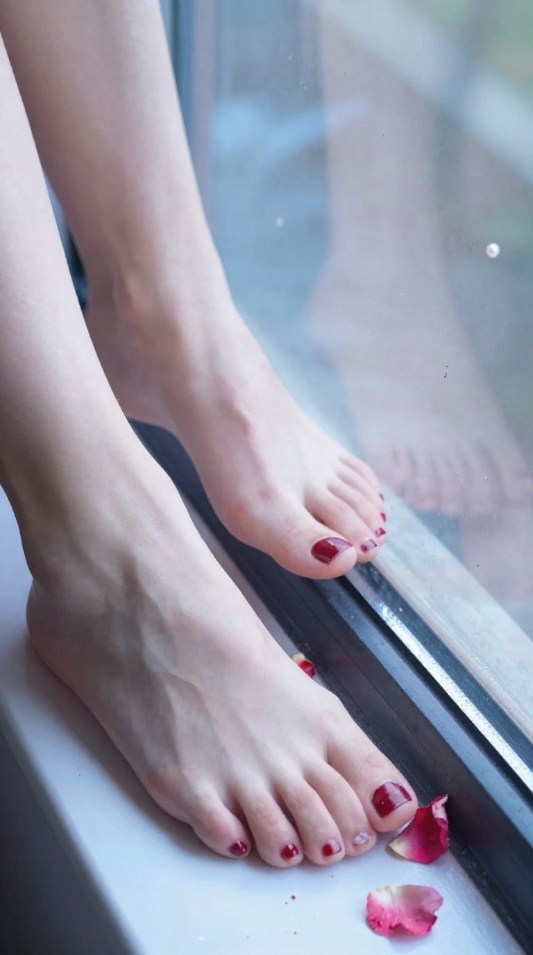 Close-up of bare feet with smeared red nail polish pressing crushed rose petals on a car window, powder blue and pearl white reflections, dreamy soft light.