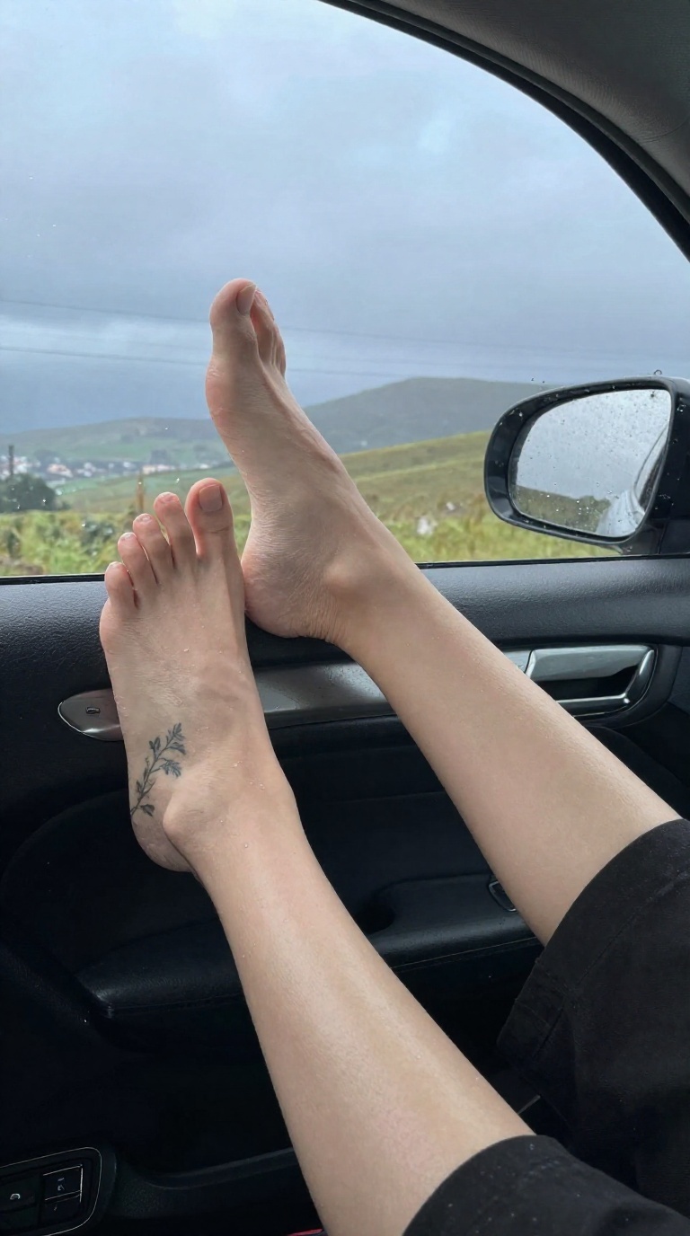 Close-up of a woman's bare foot with a delicate botanical tattoo on the instep, resting on a car dashboard at a scenic overlook, soft warm light contrasting with cool rainy daylight.