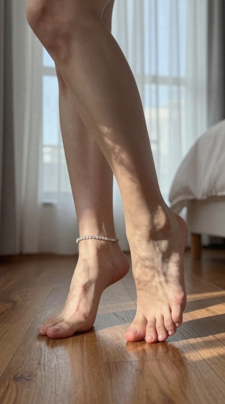 Close-up of a woman's bare feet with a crystal anklet, heels lifted off a warm wooden floor, dappled shade from trees through white curtains.