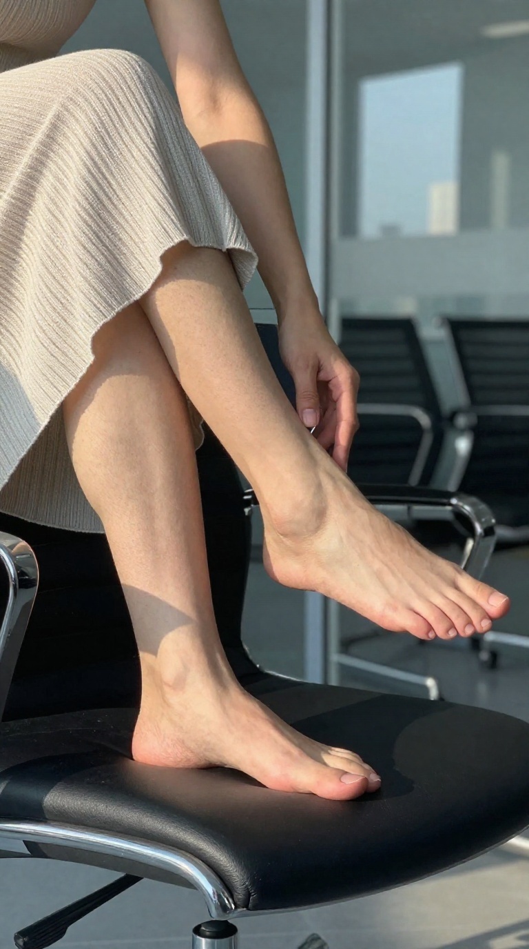 Close-up of a woman's bare feet, one on a boardroom chair, sole brushing ribbed knit fabric, with diffused daylight and rose-gold highlights.