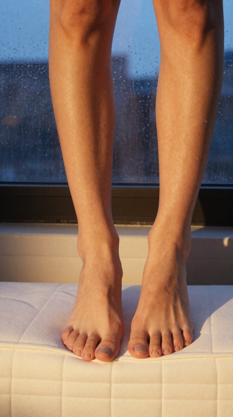 Close-up of a woman's bare feet with toes gripping a mattress edge in a studio, golden hour light highlighting smooth arches and a blue-hour city backdrop.