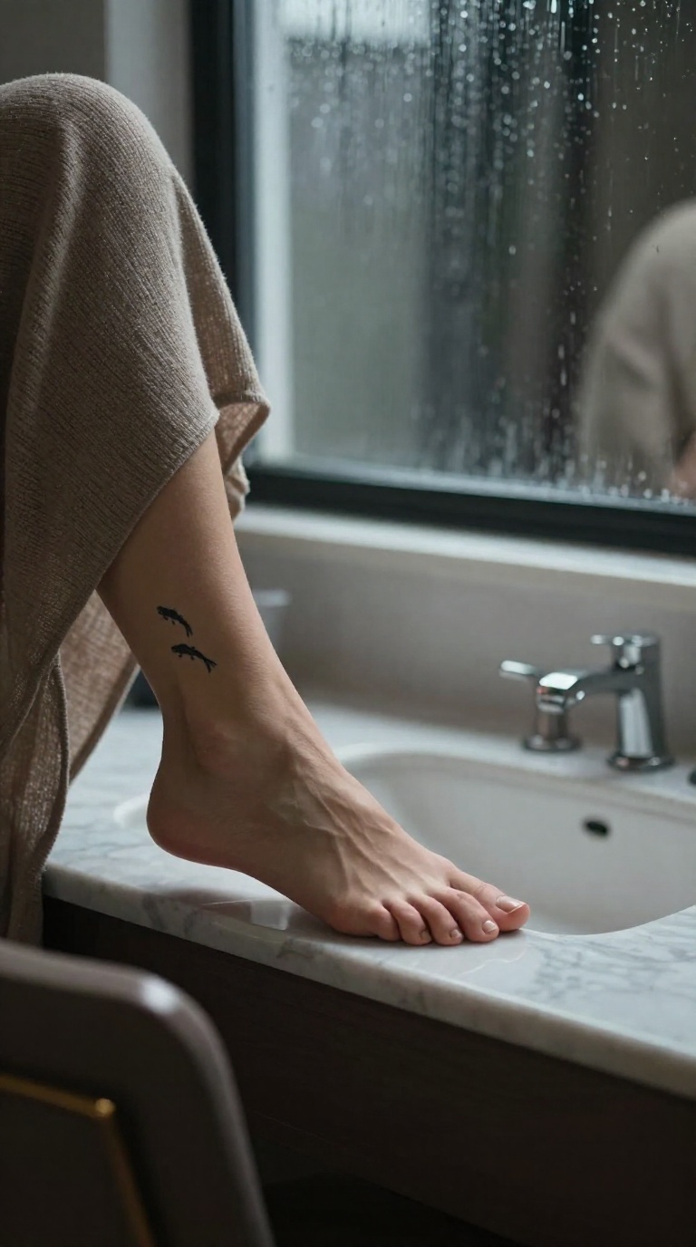 Bare feet on a marble bathroom vanity, koi outline ankle tattoo, soft knit hem, cinematic shadows and mirror viewpoint in muted tones