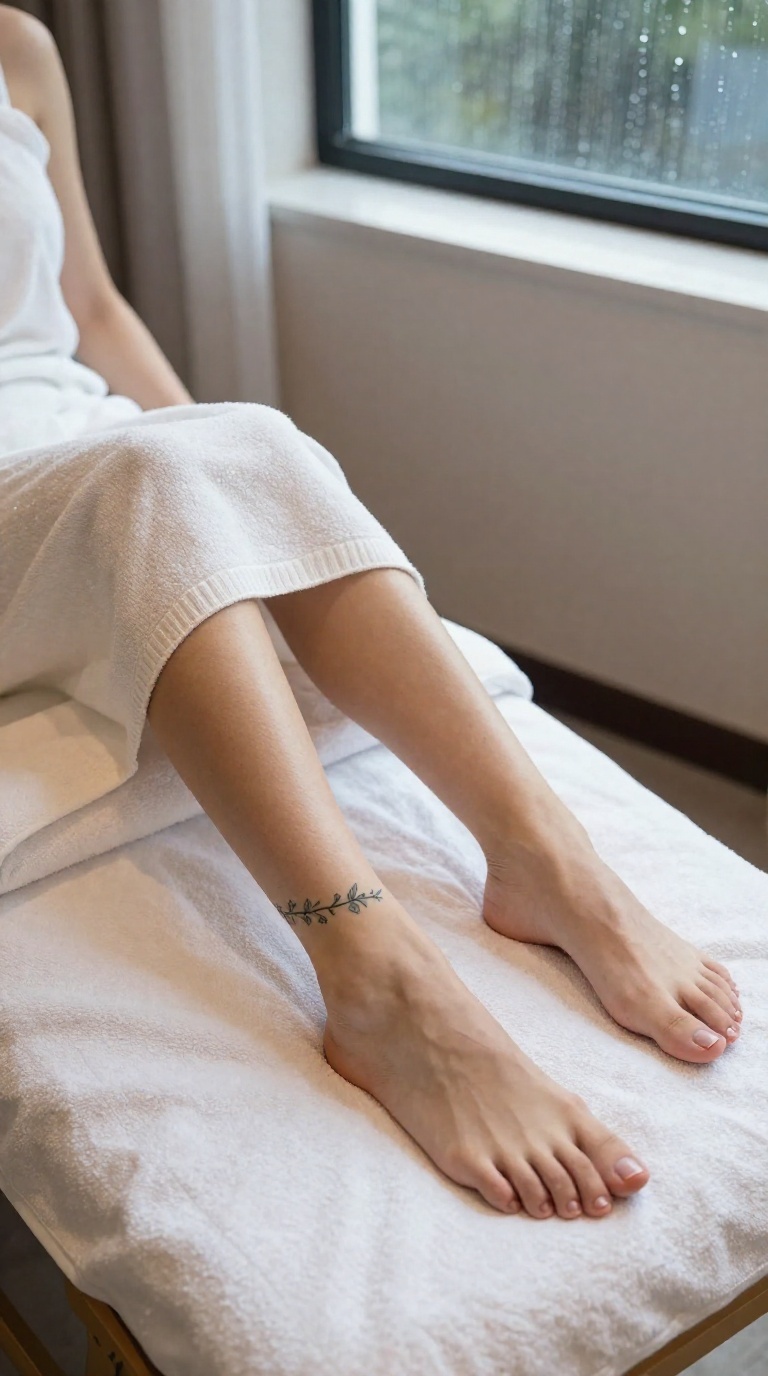 Close-up of a woman's bare feet with a vine ankle tattoo brushing a suede seat in a spa room with white towels and colored accent lighting.