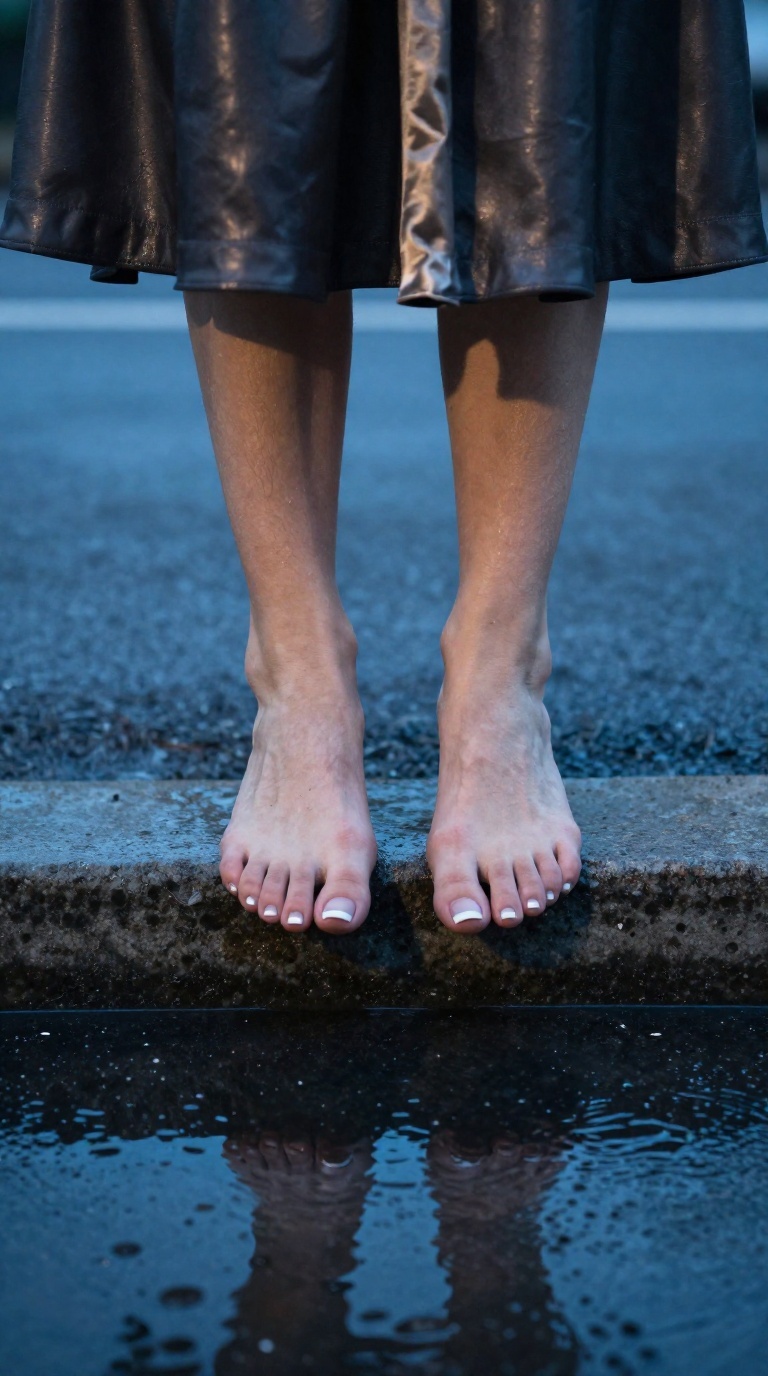 Dramatic worm's-eye view of a woman's bare feet with French tip pedicure hovering over a wet street curb with puddle reflections at blue hour.