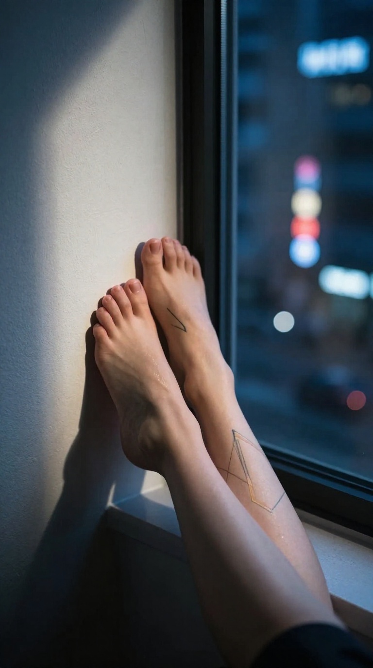 Close cinematic view of bare feet with tattoo linework resting on a cool Tokyo window seat, neon reflections across the glass and tan lines on the instep.
