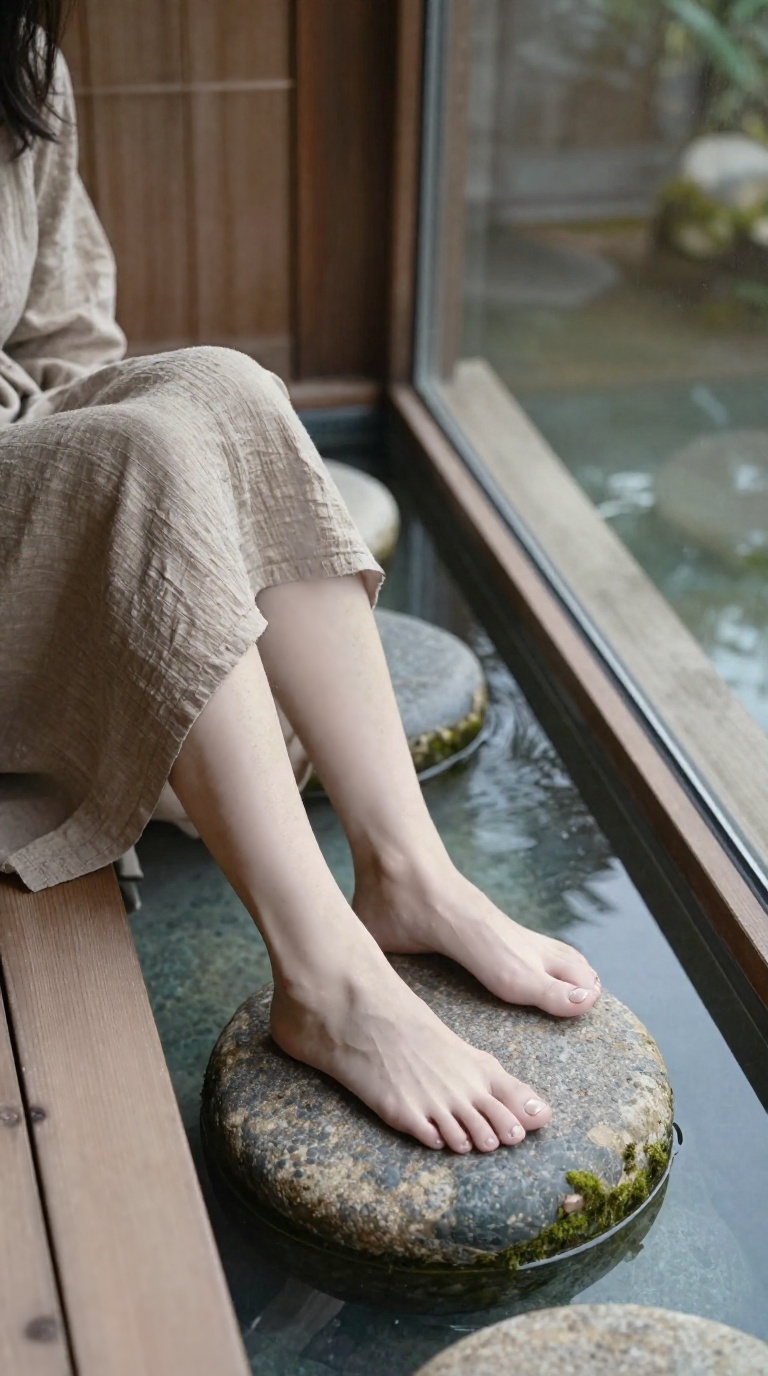 Bare feet on wooden engawa with pearl toe ring, reflecting pool and moss stones in muted earth tones