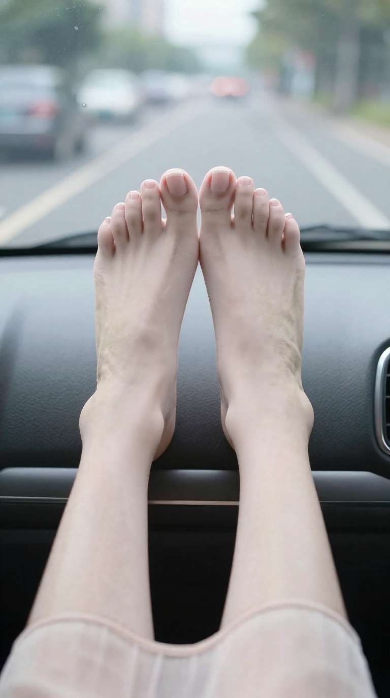 Bare feet with French tip pedicure pressing on car windshield, wrinkled soles, soft pleated dress fabric, dreamy lighting