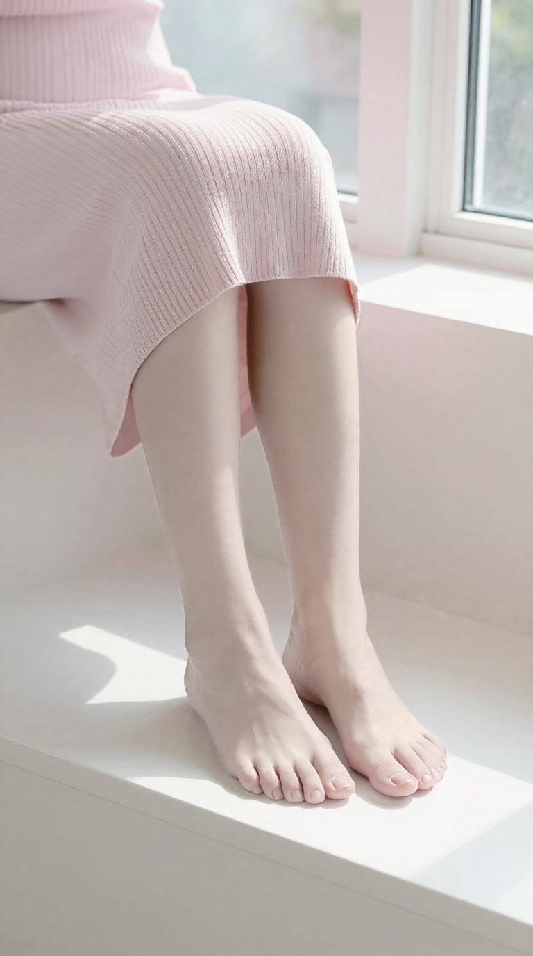 Woman stretching feet with pointed toes on a sunlit bench, powder blue decor, soft rim lighting.
