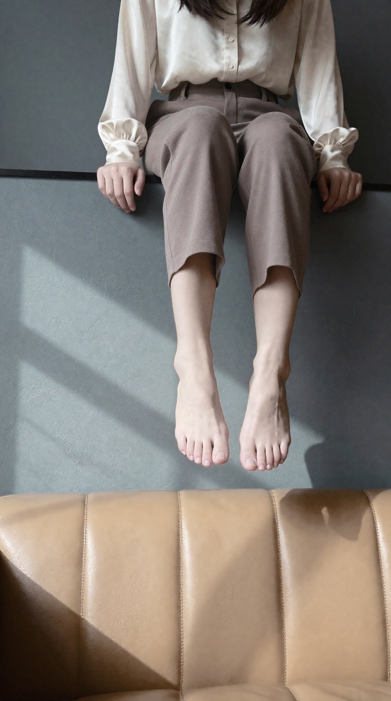 Young woman's bare feet sliding down cold wall in art deco lounge with sunlit leather and window caustics