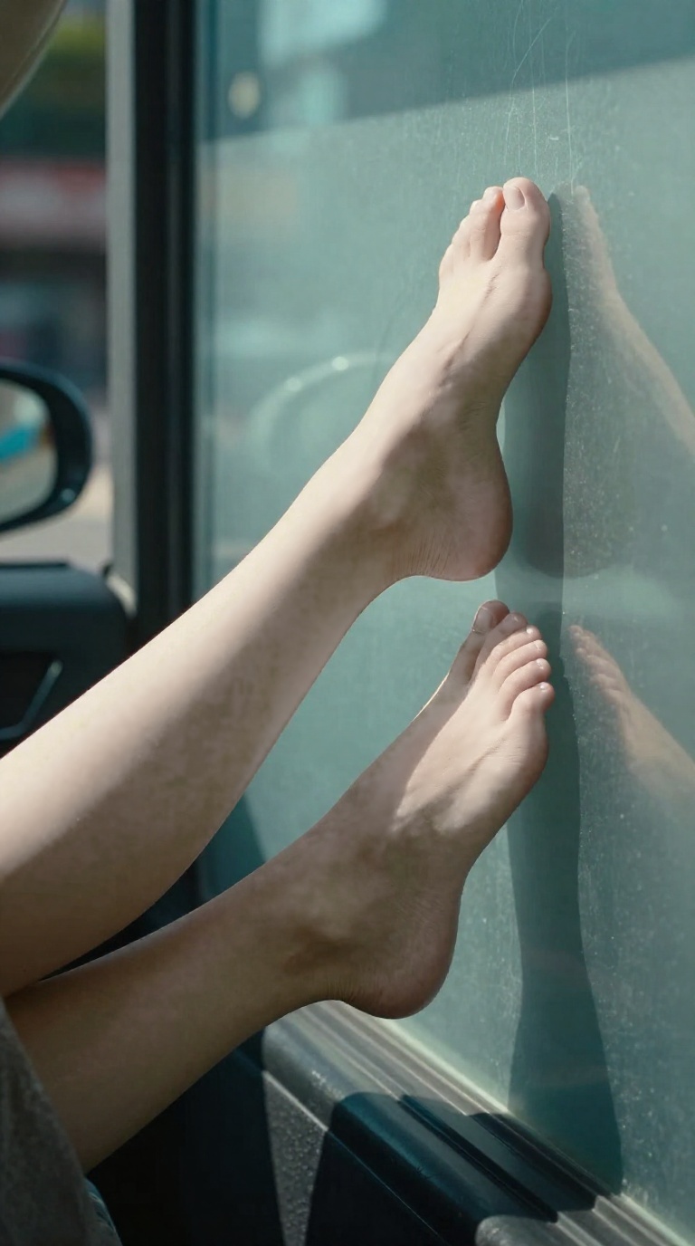 Bare feet with visible toes and arches sliding down matte acrylic wall in teal and amber light with neon reflections