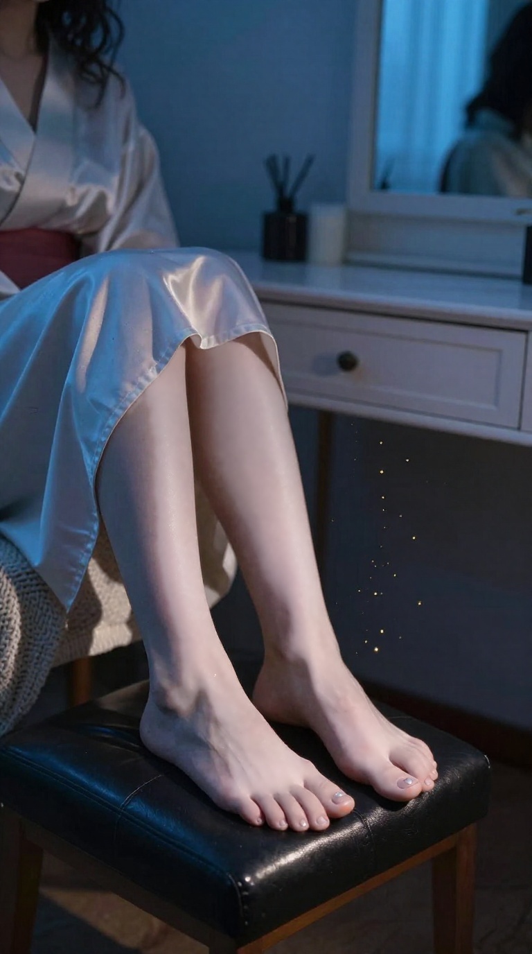 Bare feet on leather seat, toes curling, pearl toe ring, neon glow, kimono edge, golden dust motes, intimate calm