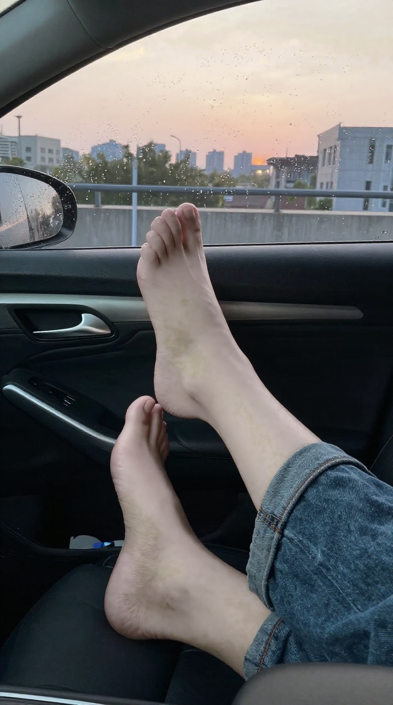 Close view of bare feet with rolled denim cuffs resting on a center console armrest, dappled shade and warm city glow across fogged glass.