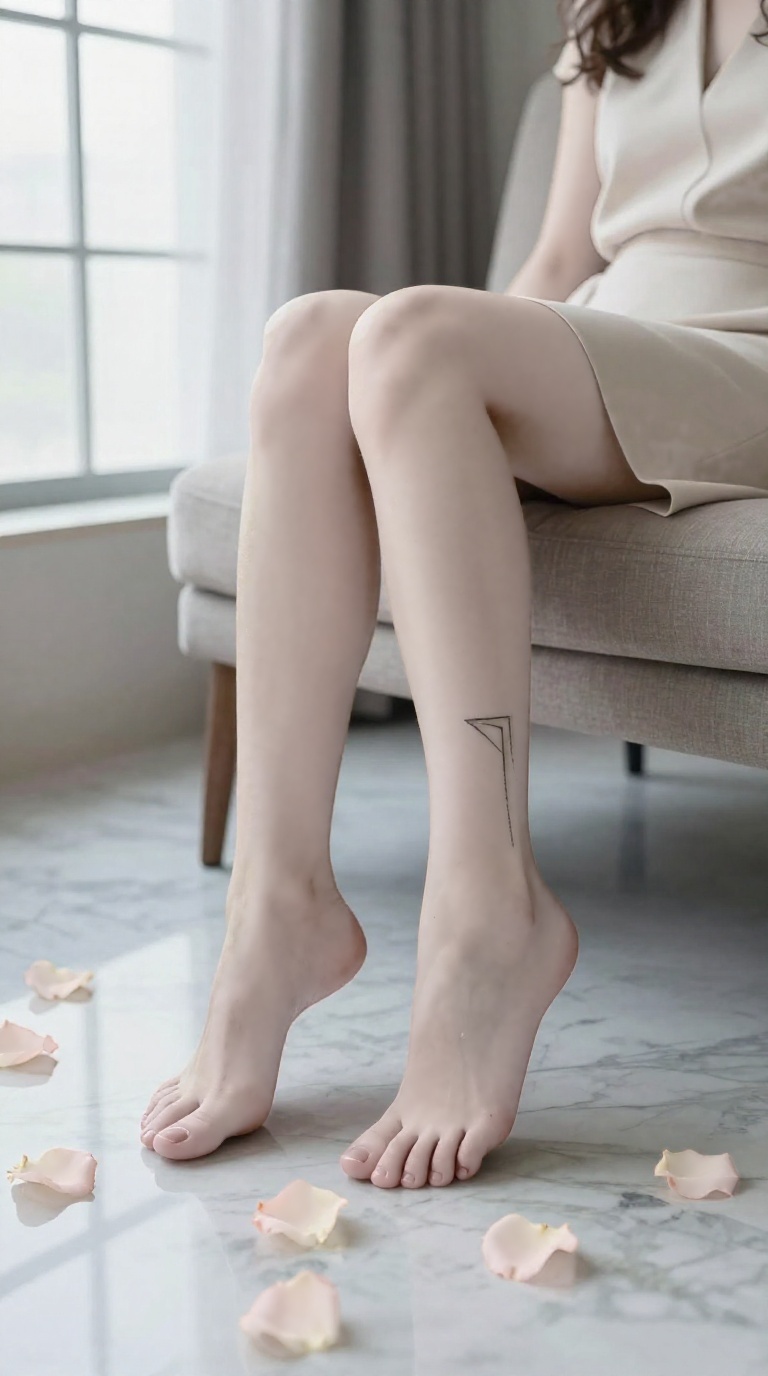 Bare feet with rose petals and arched instep tendons on marble floor in soft light