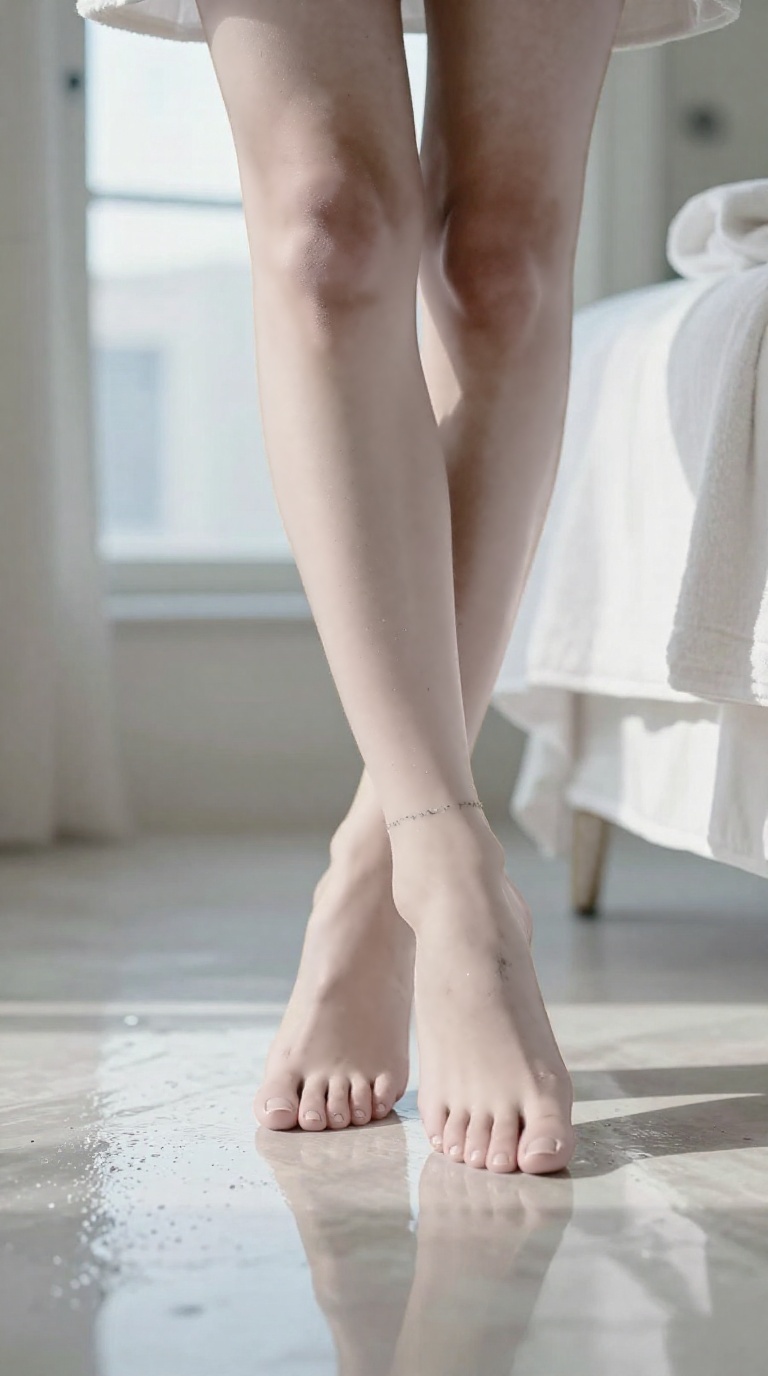Woman's bare feet with crossed ankles, dusty soles, and instep tattoo in a high-glam spa setting with cool morning light and reflection.