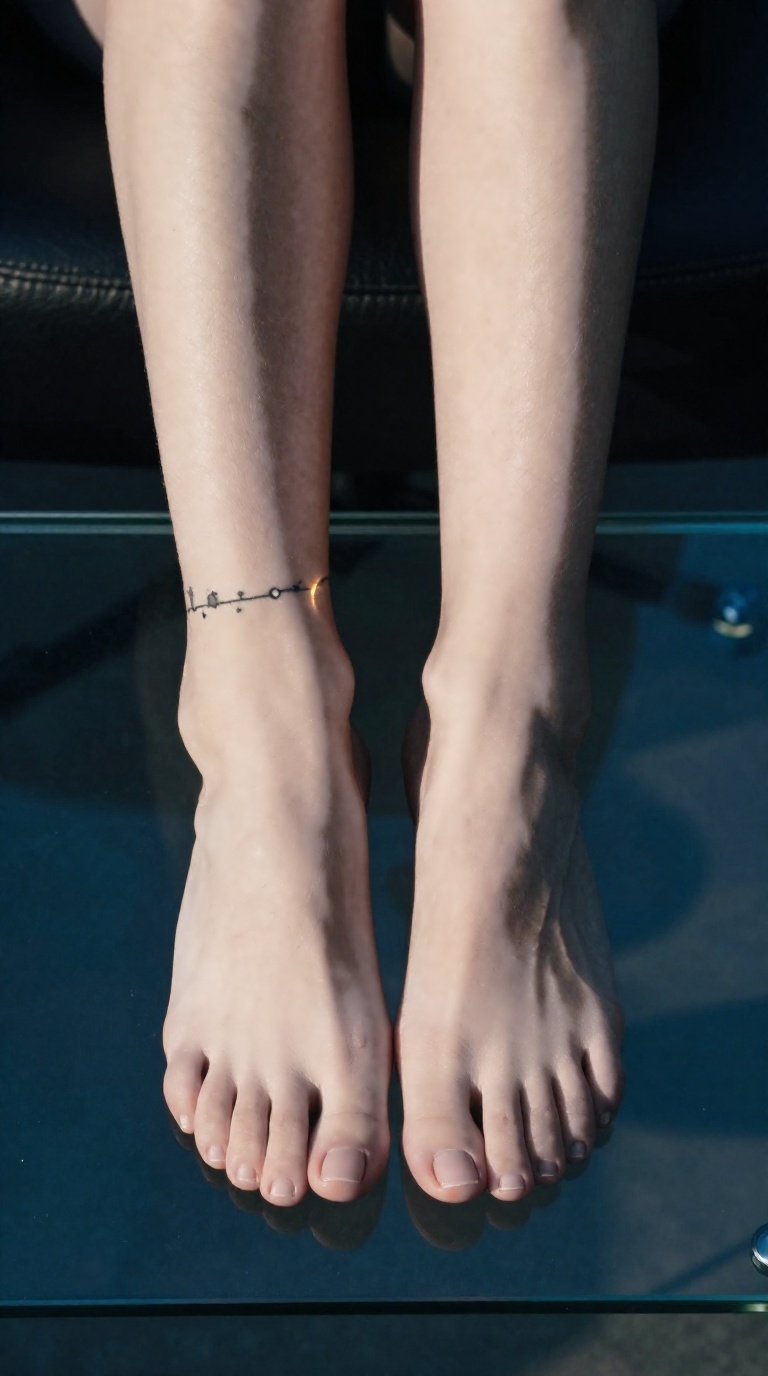 Bare feet with toes and arches visible, soles pressed on glass, constellation tattoo on ankle, under desk with warm and cool light contrast.