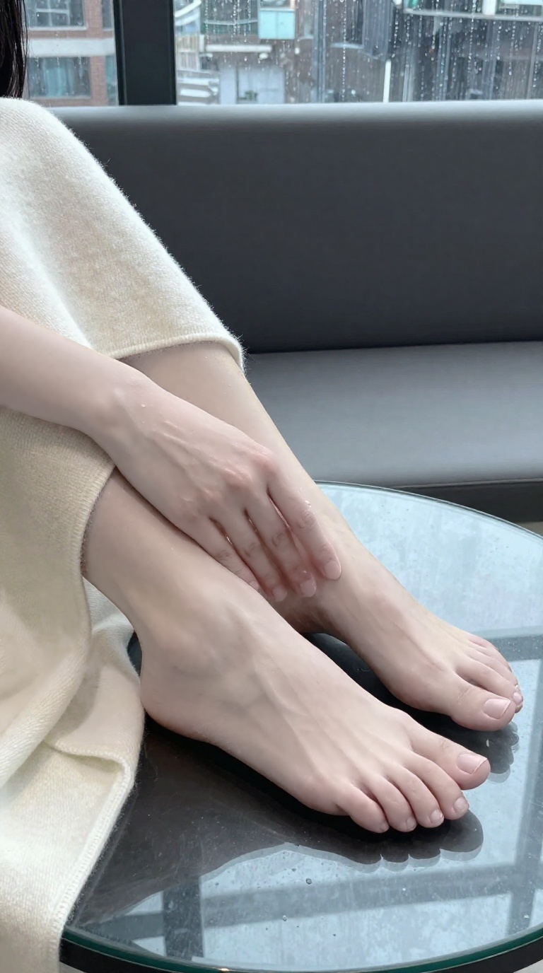 Bare feet of a woman resting on glass table with soft fabric, grey rainy daylight, Seoul cafe interior, delicate toes and arches visible