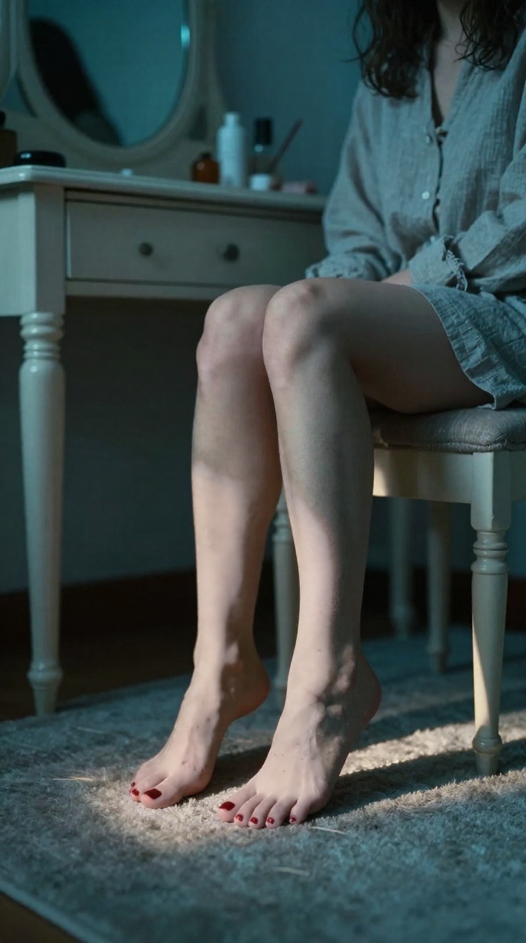 Woman's feet with smeared red nail polish on rug beside vanity mirror in teal and amber lighting