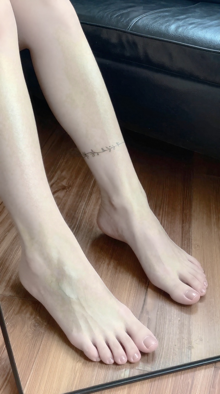 Bare feet with vine ankle tattoo reflected in mirror on wooden floor beside leather car seat, toes curling, soft lighting.