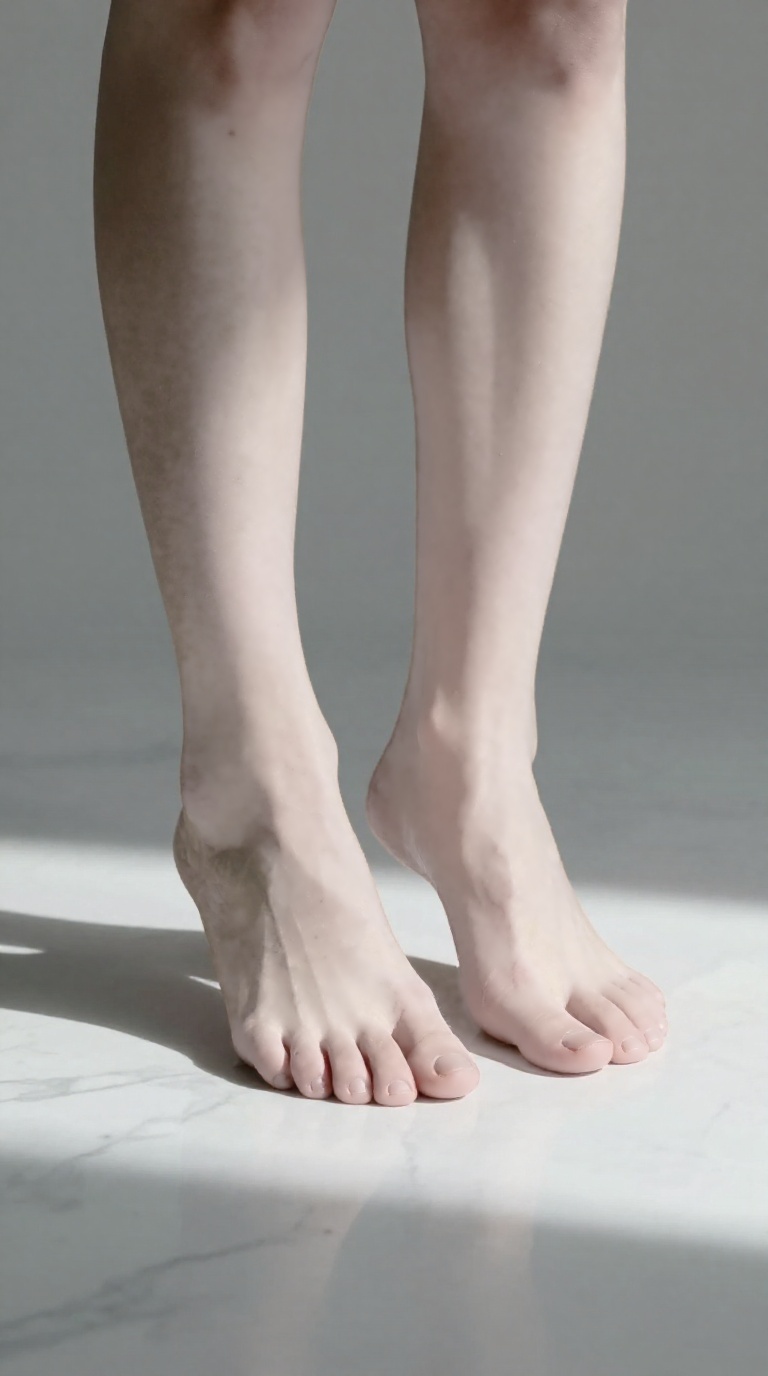 Bare feminine feet with visible arches and toes on polished marble, one foot brushing opposite ankle, high-contrast spotlight, humid summer haze, minimalist loft macro shot.