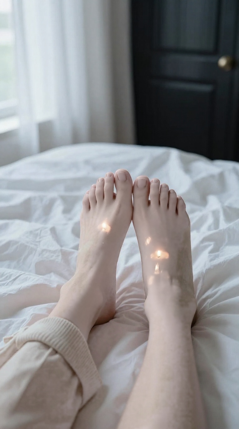 Woman's bare feet on bed with candle flicker, white curtains, and black leather door panel