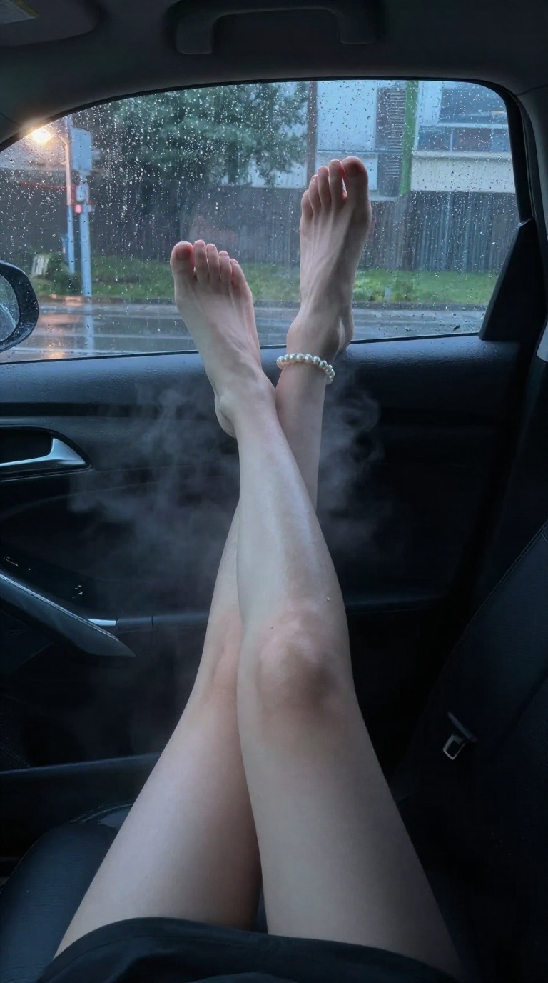 Woman's bare feet in back seat of car, arch flexed, toes curled, pearl anklet, steam, streetlight reflections, rain on window