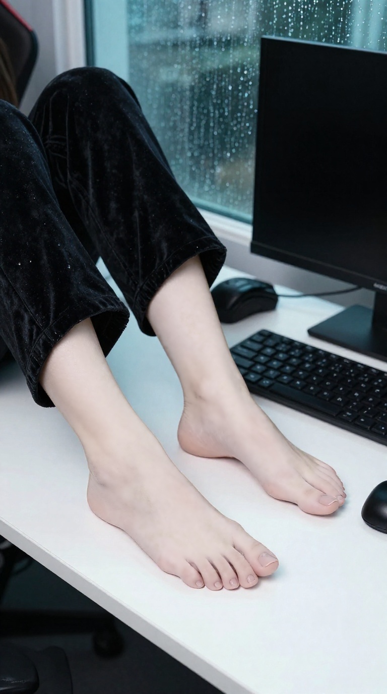 Bare feet with visible toes and arches on a messy gamer desk with window caustic patterns in jade and pearl light.