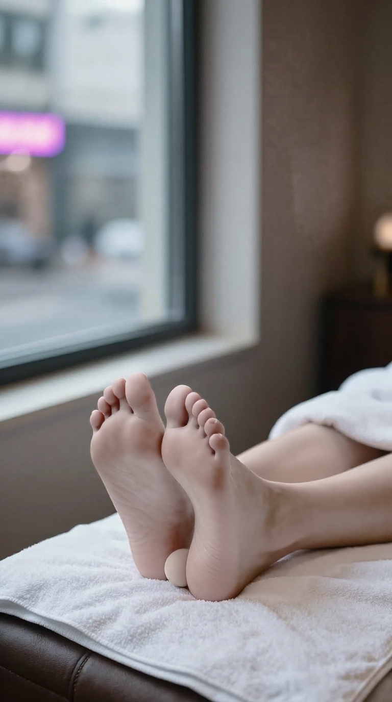 Woman's bare feet with visible toes and arches in a spa treatment room, soft window light and neon reflection