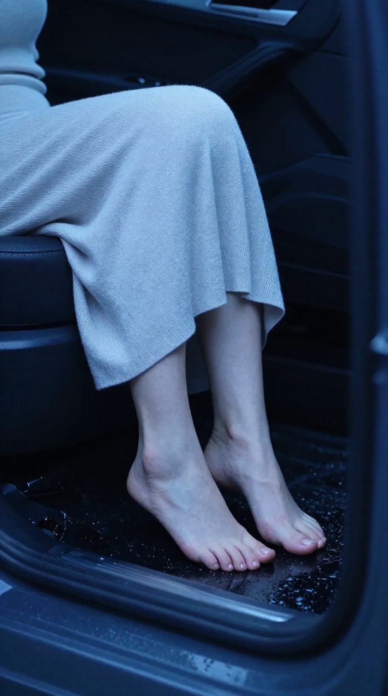 Woman's slender feet and ankles under long skirt in car seat mirror reflection