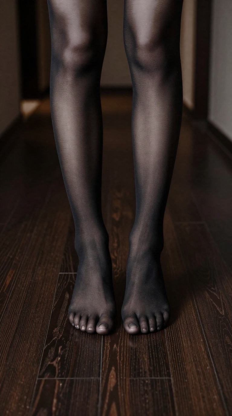 Woman in black tights and heels balancing on tiptoes on wood floor, damp footprints, over-the-knee perspective with moody light
