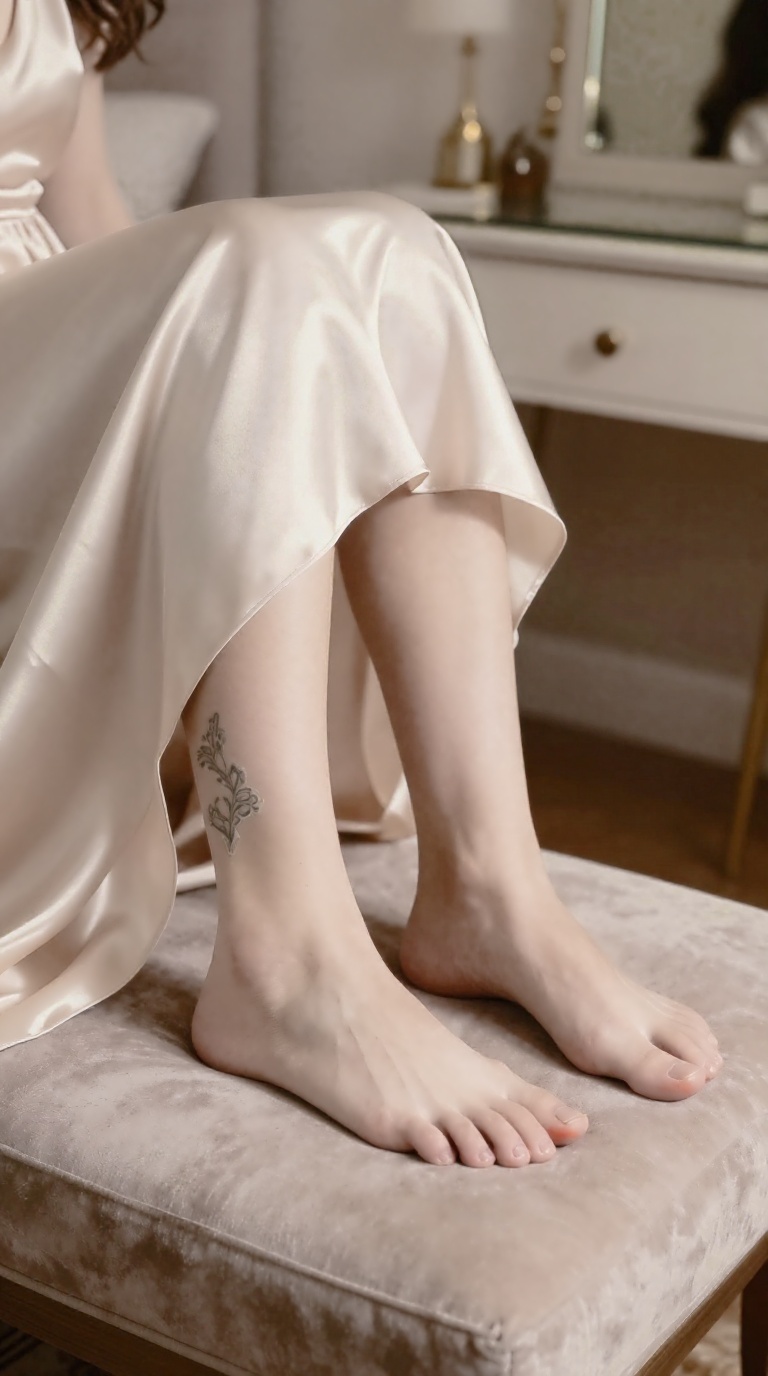 Bare feet with lace ankle tattoo on champagne satin skirt in warm amber lighting, brushed suede seat, cozy bedroom
