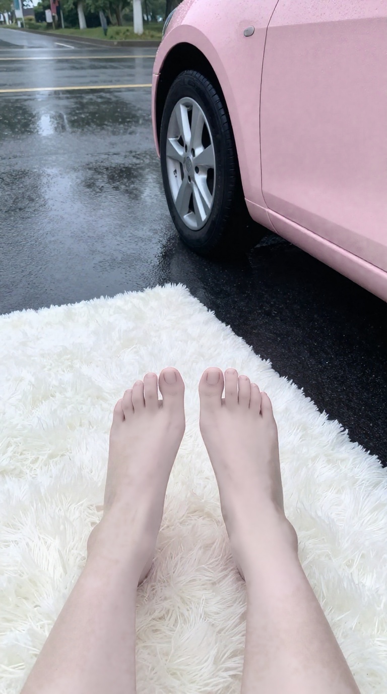 Bare feet on a pearl white rug on wet pavement next to a powder blue car, tree-lined street reflected, dreamy gray rainy daylight, toes spread elegantly, arches visible.