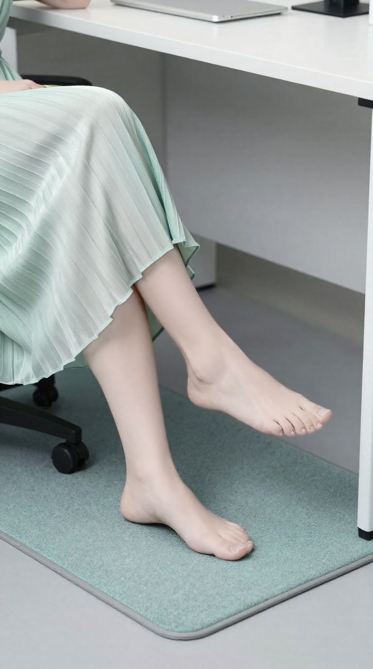 Slender feminine feet under a minimalist desk, with crossed ankles on a floor mat, jade and pearl fabric, and subtle neon lighting.
