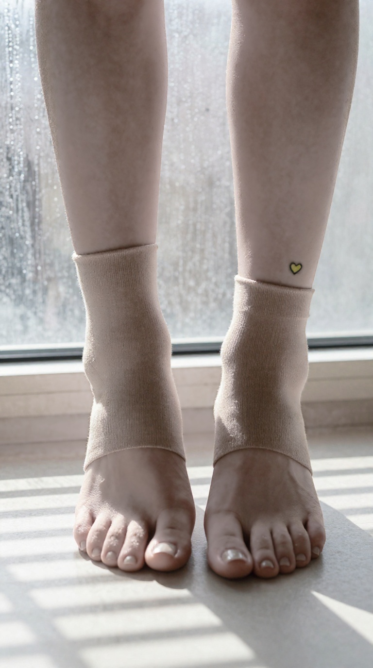 Feet with soft socks, micro heart tattoo, sunlight through blinds, fogged glass, neon glow, muted earth tones