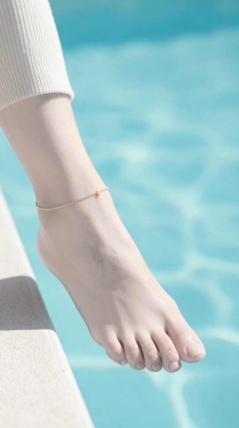Ethereal poolside foot macro with gold ankle charm and soft sunlight filtering through tinted glass.