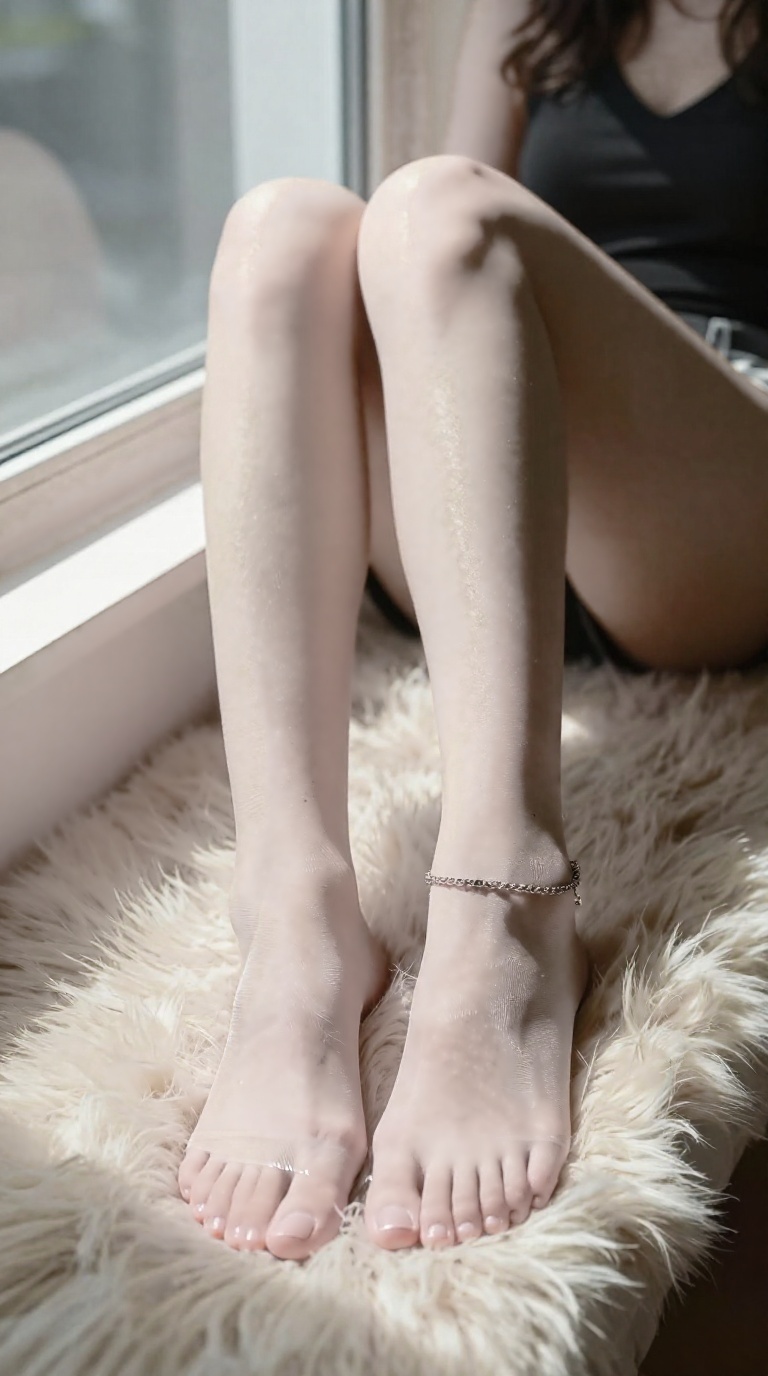 Elegant feminine feet in sheer socks, toes spread gracefully, chain anklet, soft fur rug, sunlit window bench.
