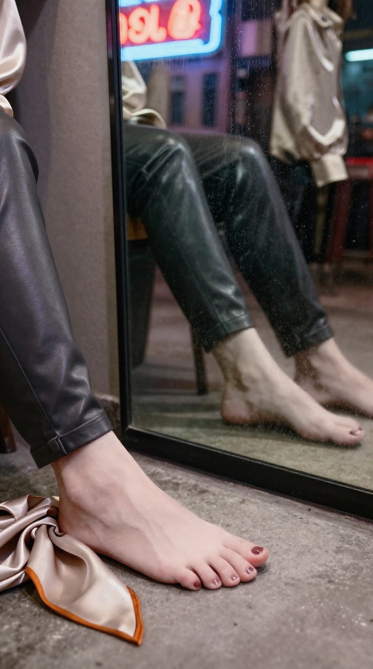 Woman's bare feet pressing soles against steamed mirror, Hong Kong neon alley, editorial fashion