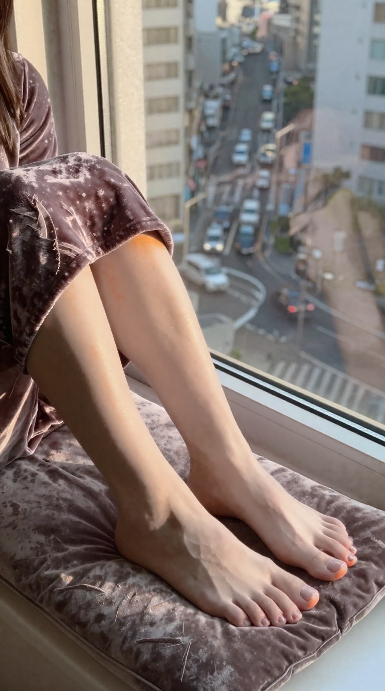 Bare feet with glossy skin on velvet cushion, toes extended in relaxed point, window reflection showing city traffic in golden hour light