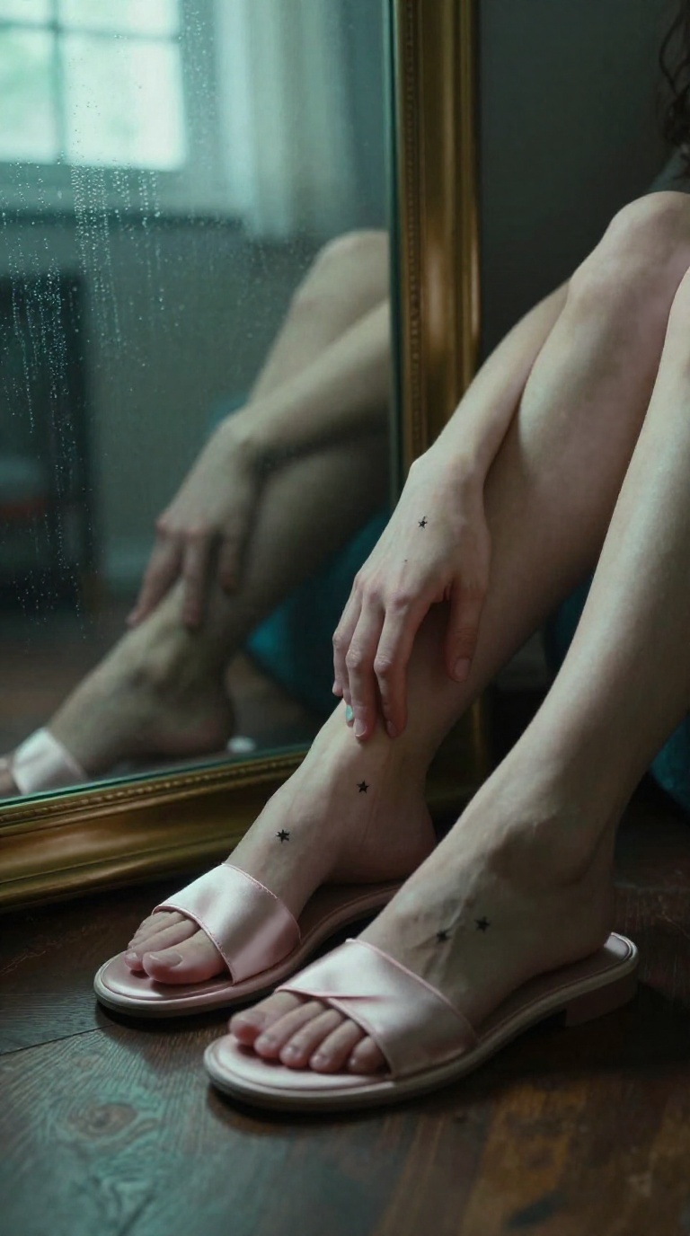 Woman's feet in satin slides, one foot brushing ankle with star tattoo, late-night bedroom vanity scene with foggy window light.